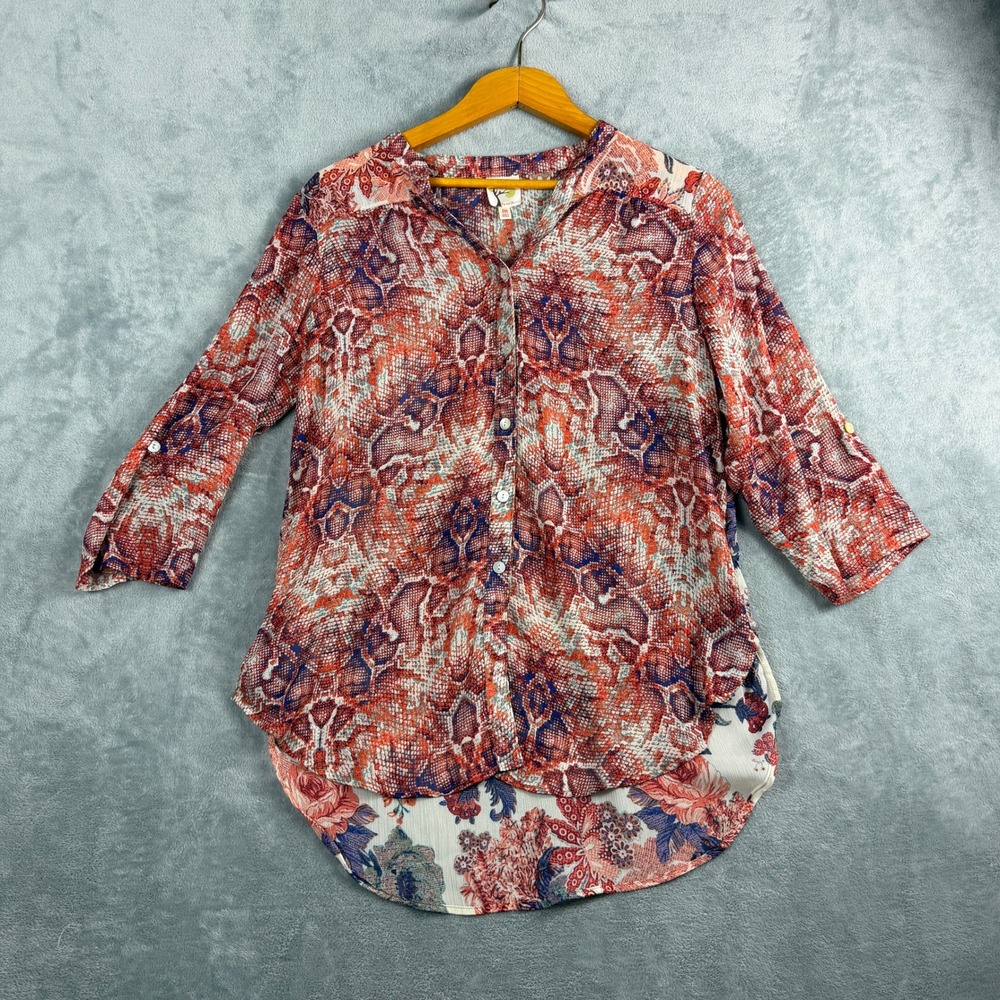 Fig & Flower Womens M Red Snakeskin Floral Blouse Hi-Low Boho Western Top